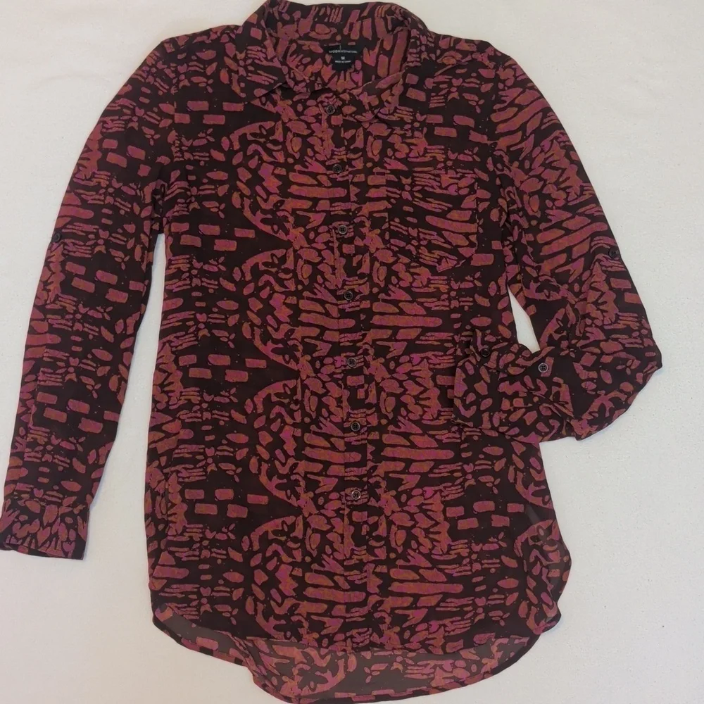 Moda International Semi Sheer Pink & Brown Button-Down Blouse Size Medium